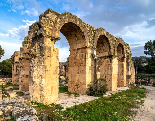 Ancient stone arches and ruins under a partly cloudy sky