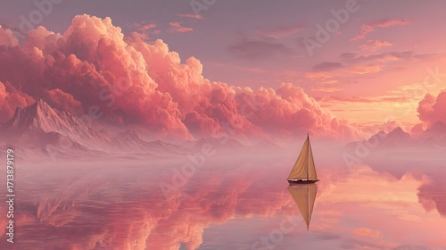 Pink sunset, sailboat at sea
