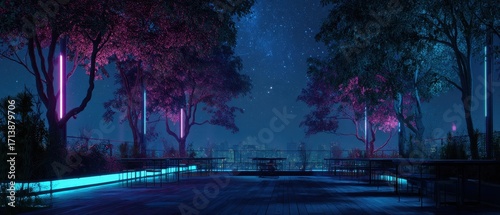Neon-Lit Park Path at Night - Atmospheric, Moody, Futuristic Landscape.