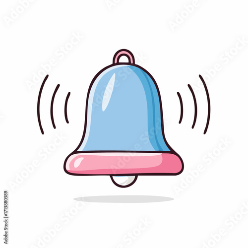 A vibrant cartoon notification bell icon ringing with sound waves, this vector graphic showcases a quirky flat doodle style with a thick, clean outline, ideal for alerts and reminders
