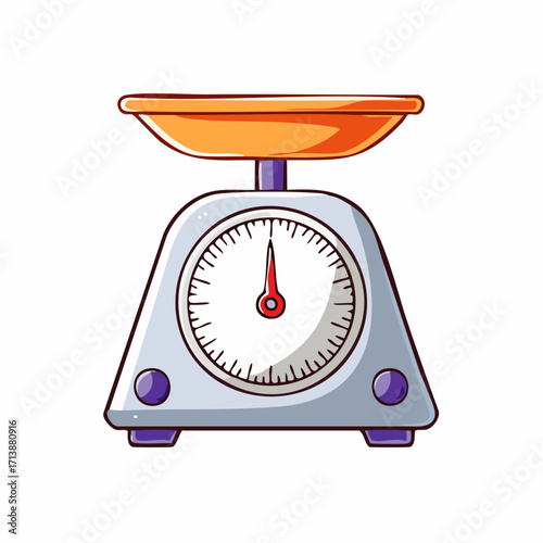 Flat vector illustration of a quirky weighing scale with a cartoon doodle look. Retro kitchen appliance for measuring weight, isolated on a white background