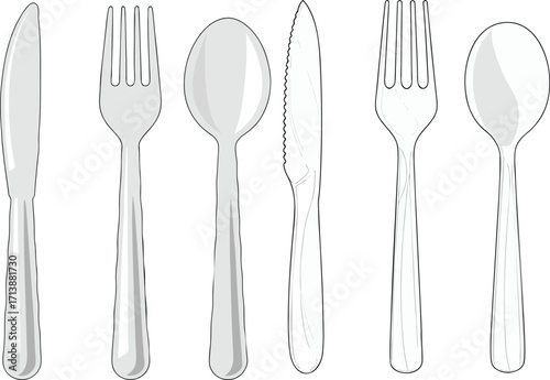 Set of six silver cutlery items on white background