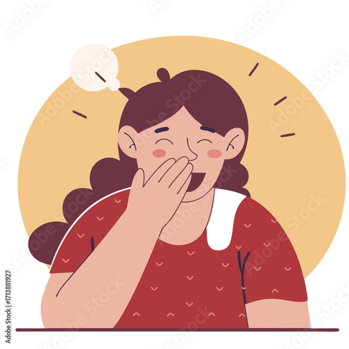 Smiling woman covering her mouth with hand against circular background  