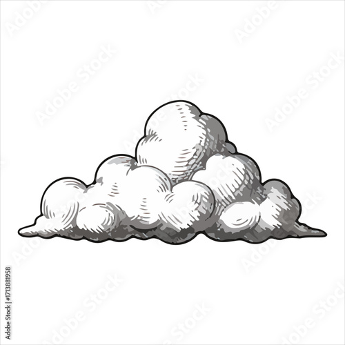 Detailed illustration of a fluffy cumulus cloud, rendered with cross-hatching technique.