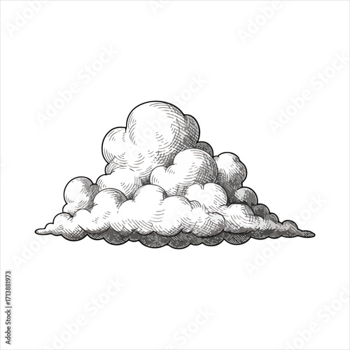 Hand-drawn illustration of a fluffy cumulus cloud formation, rendered in a detailed, vintage etching style on a white background.
