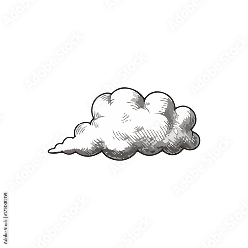 Hand-drawn illustration of a stylized cumulus cloud, outlined and shaded in grayscale.
