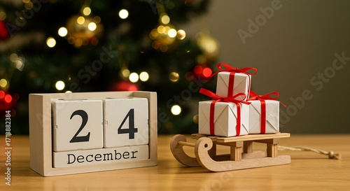wrapped gifts and christmas tree with decoration Christmas eve time concept | Date 24 December on calendar Christmas gifts lying under decorated