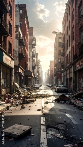 A deserted urban street, bathed in late afternoon light, after a disaster
