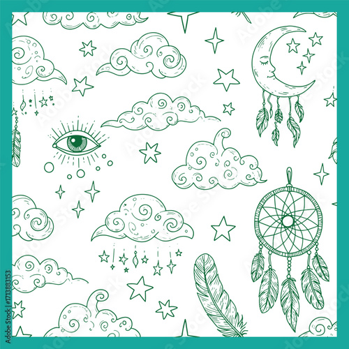 hand drawn celestial pattern with clouds stars moon and dream catcher.