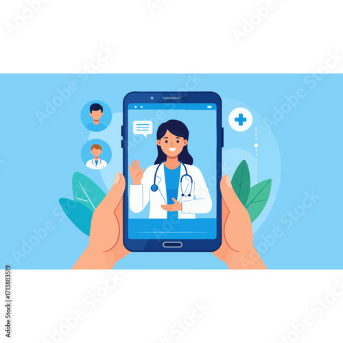 Doctor on smartphone screen giving advice to patient, telemedicine concept