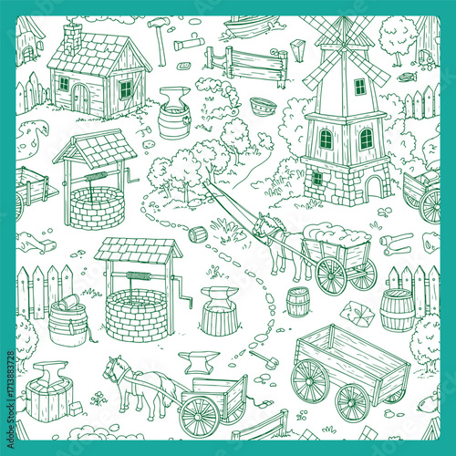 Hand drawn doodle collection of old farm village elements.
