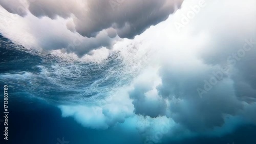 Dynamic underwater cloud formation captured beneath the ocean surface