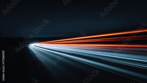 Night road with streaks of light from car headlights