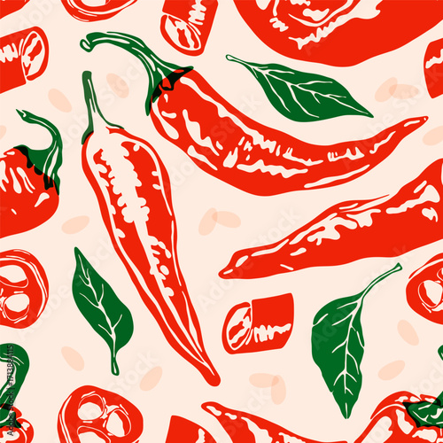 Hot chilli pepper pattern. Seamless print of red spicy capsaicin peppers risograph effect, vintage whole and half ripe peppers, abstract organic vegetable farm food. Vector texture