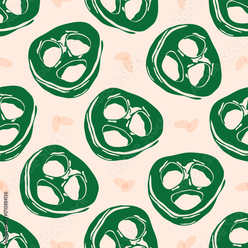 Hot chili pepper pattern. Seamless print of spicy paprika vegetable, jalapeno cayenne pepper vegetable, sliced rings of chilli pepper repeated background flat style. Vector texture