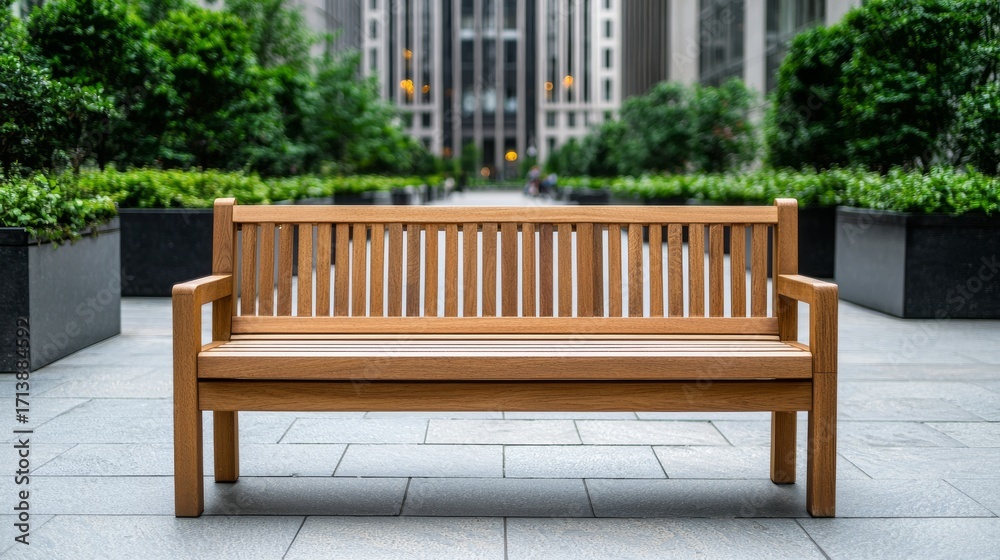 Fototapeta premium Modern Park Bench Surrounded by Lush Greenery in an Urban Setting