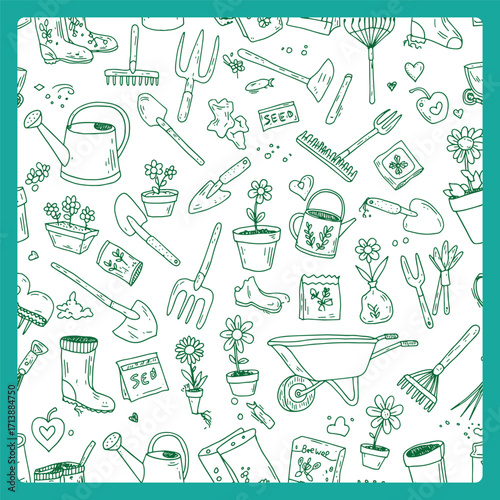 Hand Drawn Gardening Tools and Equipment Seamless Pattern.