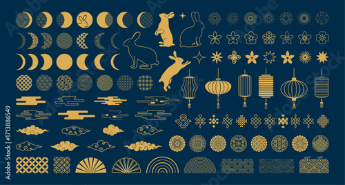 Mid Autumn Festival gold elements set. Chinese traditional ornaments. Collection of flowers, rabbits, moon, mooncakes, lantern, firework, cloud. Line art vector for holiday decor, card, poster, banner