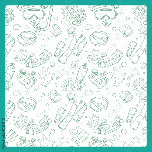 Hand Drawn Seamless Pattern of Scuba Diving Equipment.