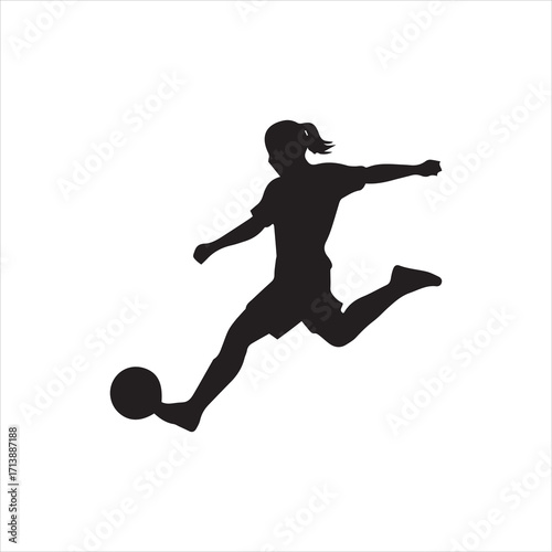 Silhouette of a female soccer player kicking a soccer ball with dynamic motion.