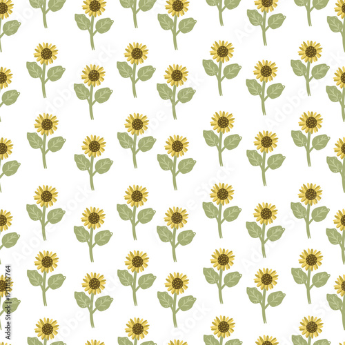 Hand drawn sunflowers pattern on white background. Seamless pattern with sunflowers.