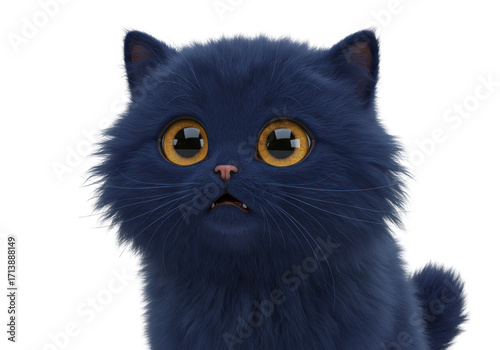 Isolated blue kitten with big yellow eyes looking upward, adorable cartoon pet animal