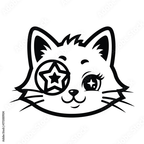 Smiling Cat Mascot Illustration: A charming illustration of a cute cat mascot with a playful wink and star-shaped eye detail, embodying fun and whimsy in monochrome.