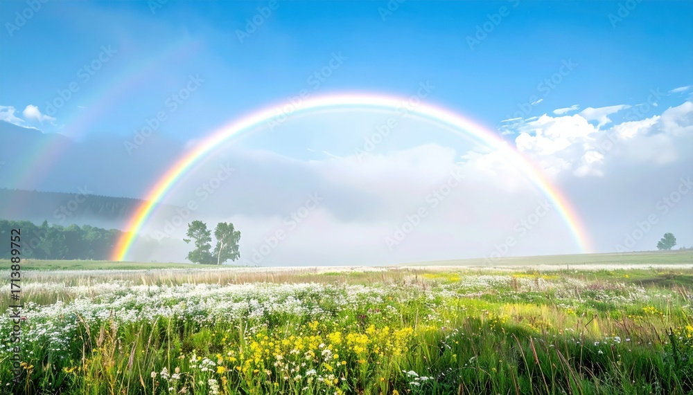 Naklejka premium Fogbow over a pale meadow soft ethereal light and generous right side copy space representing white rainbow suitable for weather science and calm editorial design