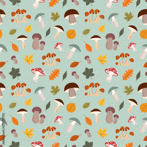 Autumn seamless pattern. Autumn leaves and mushrooms background. Vector flat illustration.