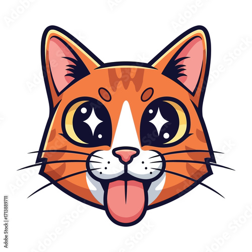 Happy Cartoon Cat: A cartoon illustration of a cheerful ginger cat with wide, sparkling eyes and its tongue playfully sticking out. A delightful and fun image.