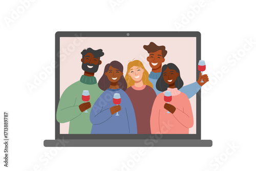 Online celebration concept. Video call with group of people on the screen of laptop. Family, togetherness and friendship concept.  Vector flat clipart.	