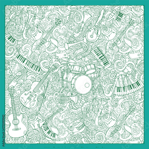 Intricate line art doodle of various musical instruments.