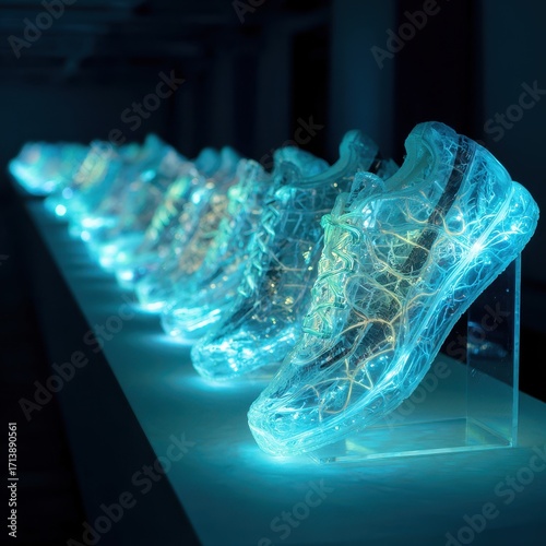 Illuminated Futuristic Sneakers Displayed in a Row, Glowing Blue and Green.