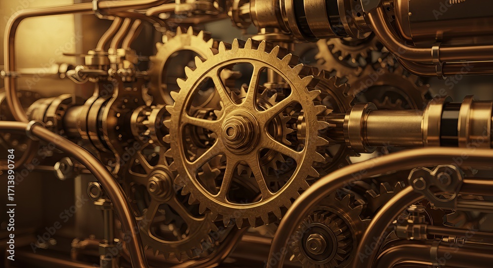 Fototapeta premium Intricate golden gears displaying craftsmanship and engineering innovation.