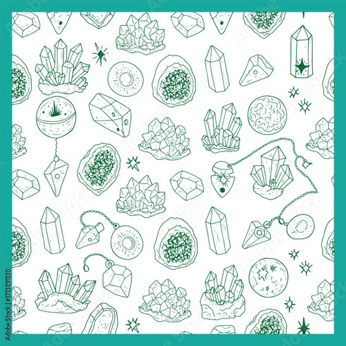 Mystical crystal and gemstone line art pattern.