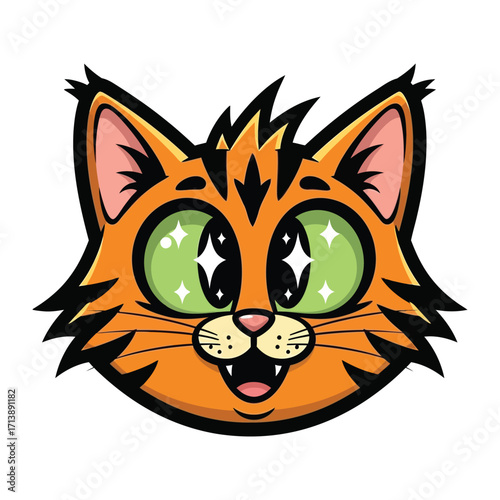 Cute Cartoon Cat Portrait: An endearing cartoon depiction of a domestic feline, distinguished by its vibrant orange fur, gleaming green eyes, and joyful expression, is sure to captivate viewers. 