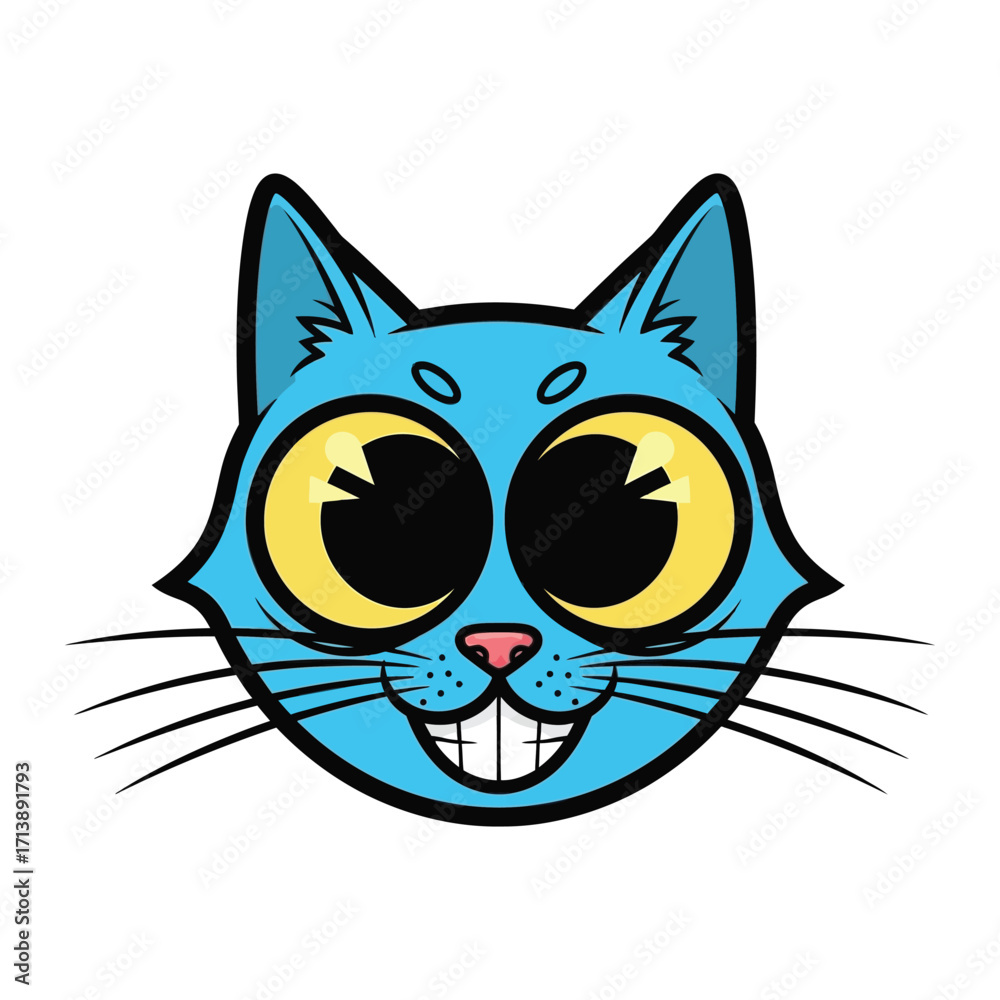 Obraz premium Smiling Cat: A vibrant cartoon cat with a radiant blue hue and piercing yellow eyes, rendered in a charming illustration style, perfect for adding a touch of playfulness.