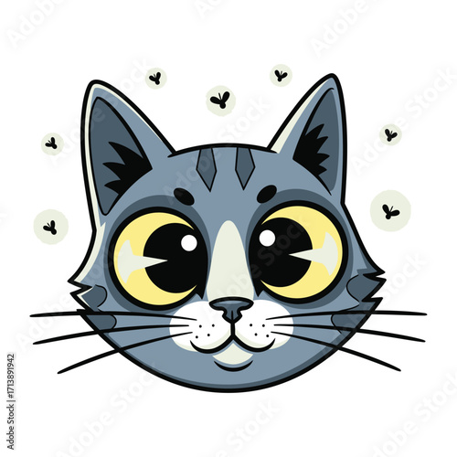 Playful Prowl: This illustration captures the curious nature of a gray cat with vibrant eyes, surrounded by playfully drawn fireflies, creating a sense of lightheartedness and wonder.