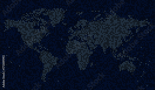 Blue dotted map world composed by a texture of zeros and ones binary digits. Technology background.