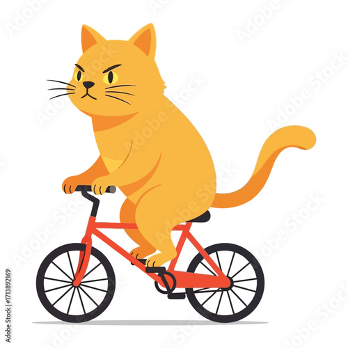 Cat on Bicycle: An orange tabby cat, sporting a determined expression, pedals a bright red bicycle with an air of confident skill and joyful movement.