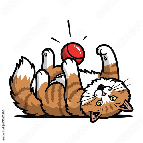 Playful Paws: A delightful illustration captures a ginger cat rolling on its back and playing with a red ball, in a cute and joyful moment.