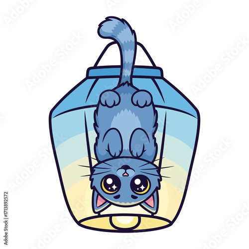  Whimsical Cat and Lantern: A charming blue cat with adorable big eyes hangs upside down from a whimsical lantern, a playful illustration that radiates joy and a touch of enchantment.
