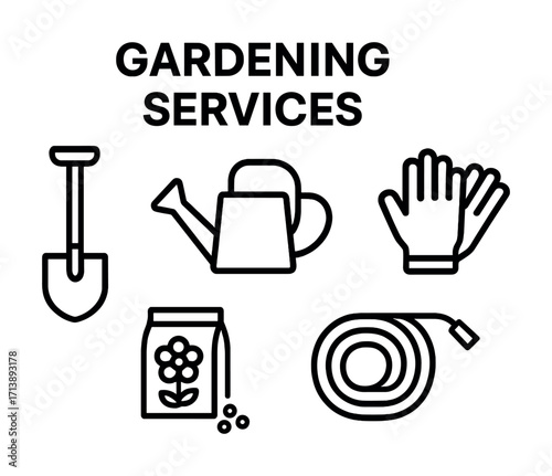 Gardening services icon set with shovel, watering can, gloves, seeds, and hose