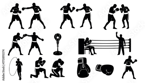 Vector art of collection of boxing silhouettes, showcasing various fighting poses, training equipment, and a referee