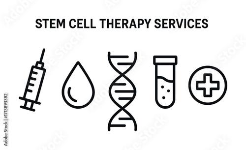 Stem cell therapy services icons: syringe, dna helix, blood drop, test tube, medical cross