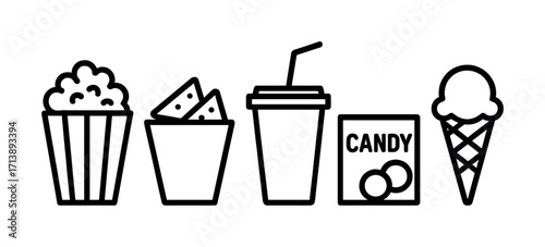 Popcorn, nachos, drink, candy, ice cream icons for snack time