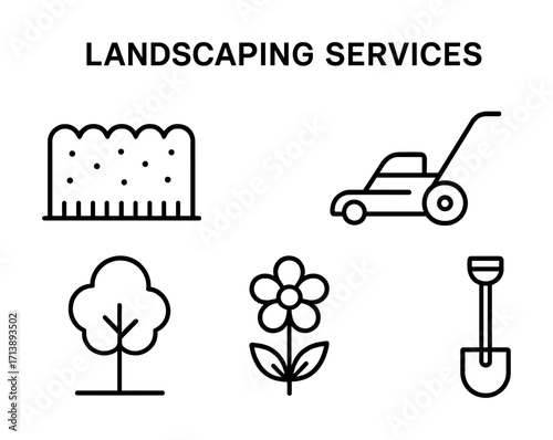 Landscaping services icons: lawn, mower, tree, flower, shovel line art
