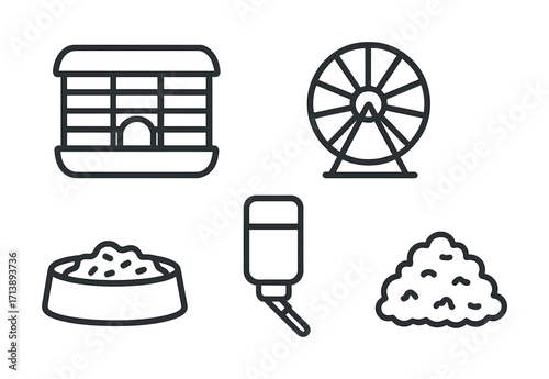 Hamster care essentials: cage, wheel, food bowl, water bottle, bedding icons