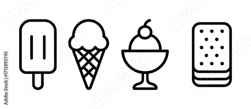 Simple ice cream icons: popsicle, cone, sundae, sandwich in black and white