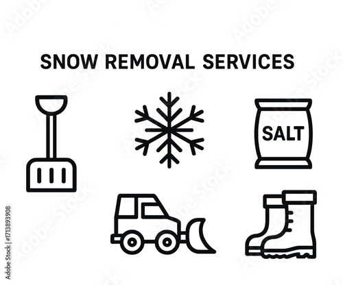 Essential snow removal services icons including shovel, salt, snowflake, plow, and boots